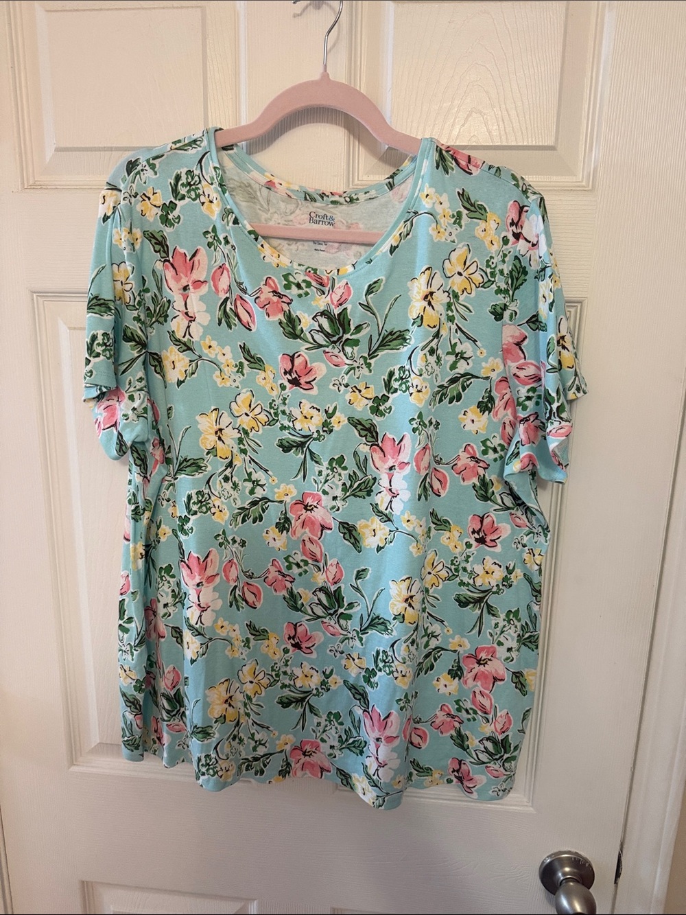 croft & barrow Mint Floral Short Sleeve Tee with Pink & Yellow Flowers
